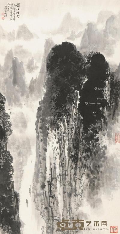  1980年作 蜀江烟雨 镜片 立轴 设色纸本 96×49.5cm