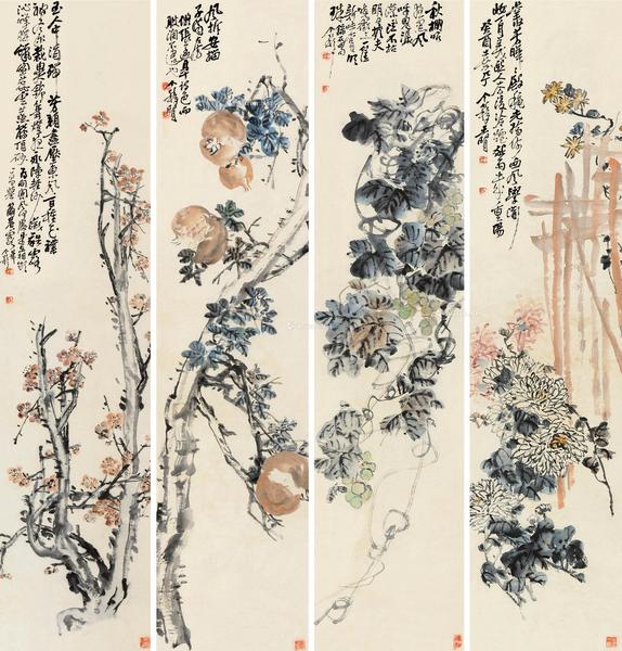  癸酉（1933）年作 秋色图 （四幅） 立轴 设色纸本