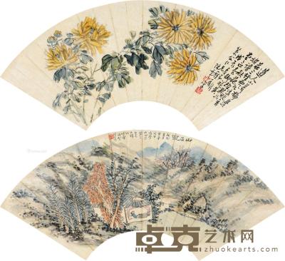  戊辰（1928）年作 秋香图 山居图 扇片双挖 设色纸本 19×54cm×2