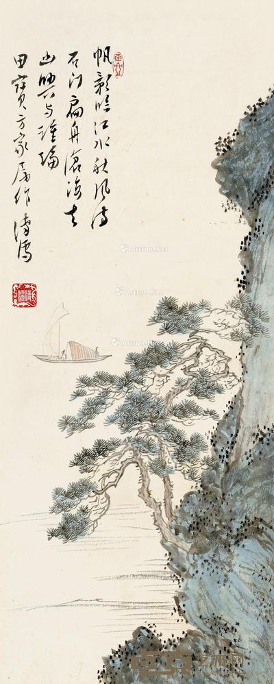 临江帆影 镜片 设色纸本 51×20cm