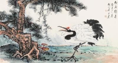  癸亥（1983）年作 松龄鹤寿 镜片 设色纸本