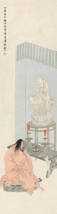  丁丑（1877）年作 礼佛图 屏轴 设色纸本