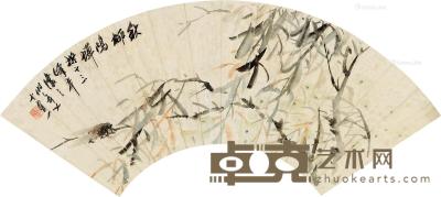  1869年作 秋柳鸣蝉 扇片 设色纸本 17×52cm