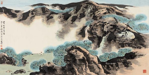  云山坐忘 镜片 设色纸本