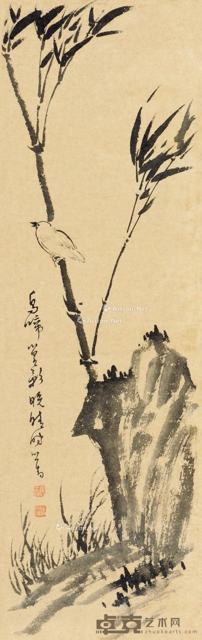  鸟啼新篁 镜片 水墨纸本 72.5×23cm