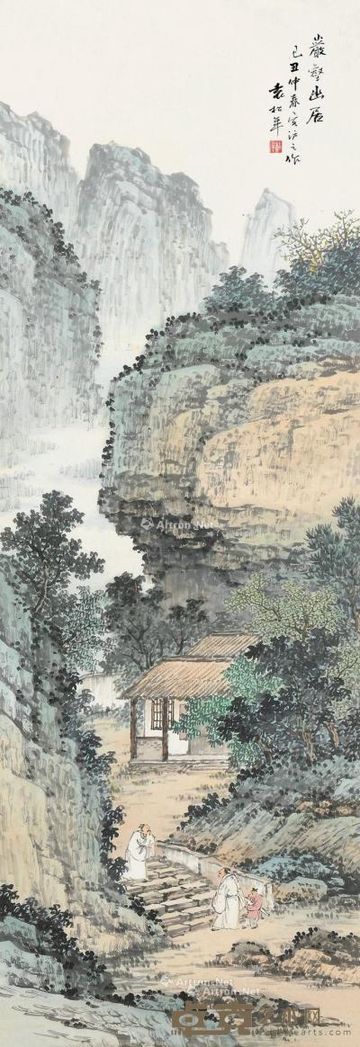 己丑（1949）年作 岩壑幽居 镜框 设色纸本 93×32cm