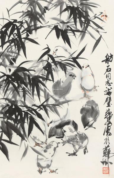  竹林小鸡 镜框 设色纸本