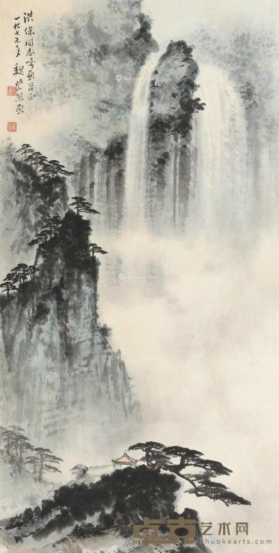  1975年作 松山飞瀑 镜心 设色纸本 66.5×33.5cm