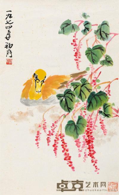  1974年作 红蓼野禽 镜片 设色纸本 65.5×40.5cm