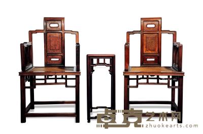  清 红木书卷椅两椅一几 椅51.5×44×94cm；几40.5×30.5×75cm