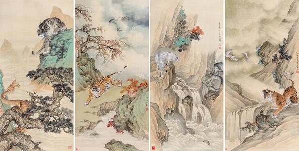  壬午（1942）年作 风云龙虎 （四幅） 镜片 设色绢本