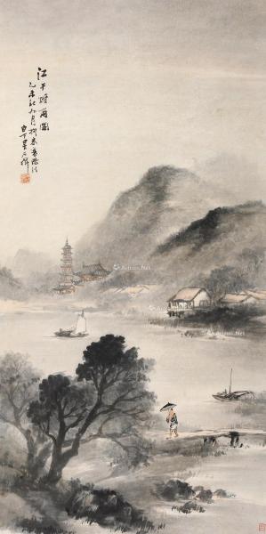  乙未（1895）年作 江干烟雨 立轴 设色纸本