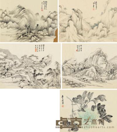  乙未（1895）年作 甲戌（1934）年作 古意山水 牡丹 册页 （五开） 设色纸本 33×27cm×5