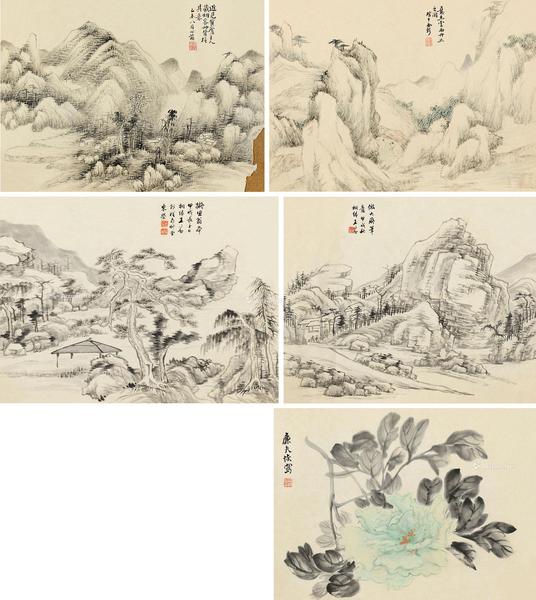  乙未（1895）年作 甲戌（1934）年作 古意山水 牡丹 册页 （五开） 设色纸本
