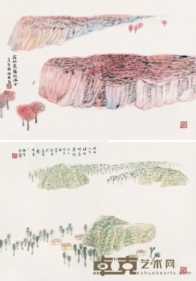  壬申（1992）年作 古人诗意 （两幅） 镜片 设色纸本 49.5×70cm×2