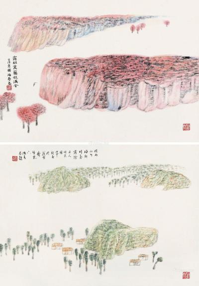  壬申（1992）年作 古人诗意 （两幅） 镜片 设色纸本