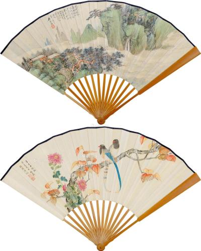  辛未（1931）年作；壬申（1932）年作 红叶小鸟 雨过松山 成扇 设色纸本