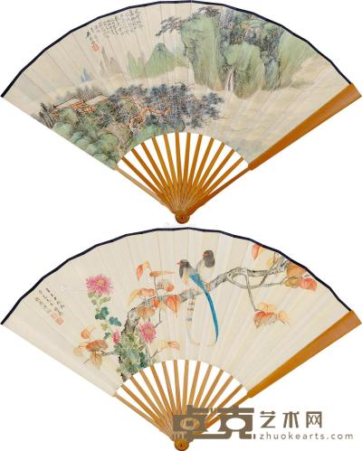  辛未（1931）年作；壬申（1932）年作 红叶小鸟 雨过松山 成扇 设色纸本 18.5×50.5cm