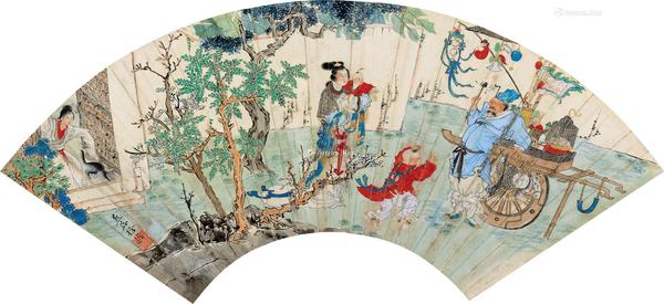  货郎图 扇片 设色纸本