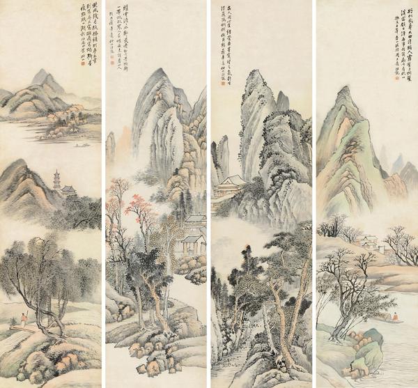  山色深远 （四幅） 屏轴 设色纸本