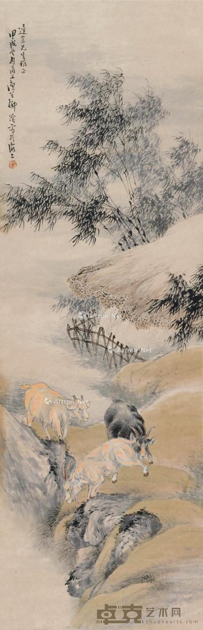  甲戌（1934）年作 三羊开泰 镜片 设色纸本 106×34cm