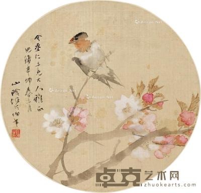  辛卯（1891）年作 桃花春燕 团扇轴 设色绢本 直径24.5cm
