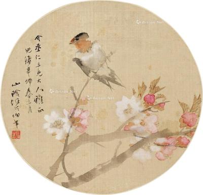  辛卯（1891）年作 桃花春燕 团扇轴 设色绢本