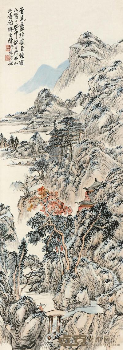 癸卯(1903)年作 山林隐寺 立轴 设色纸本 134.5×47.5cm