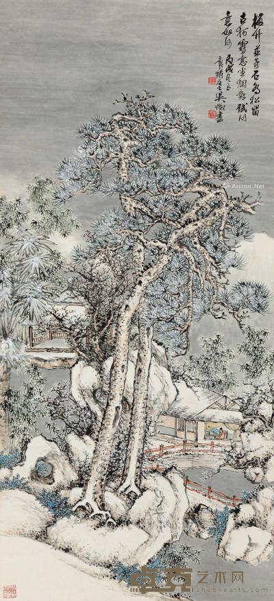  丙戌（1946）年作 寒窗观雪 立轴 设色纸本 105.5×48cm