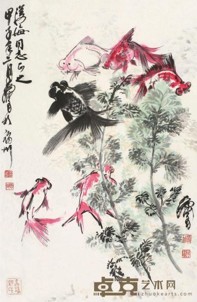  甲子（1984）年作 渔乐图 立轴 设色纸本 69×45cm
