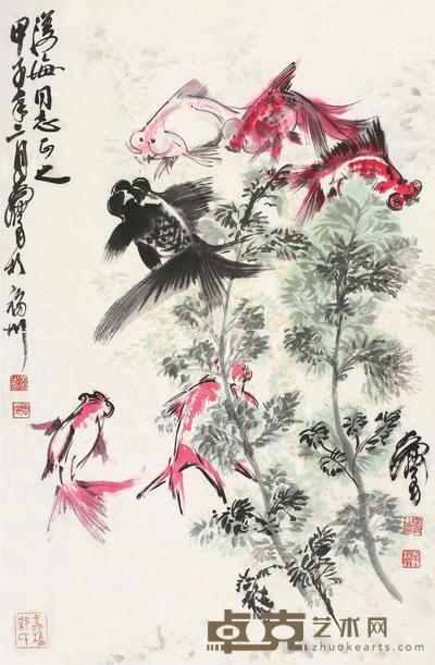 甲子(1984)年作 渔乐图 立轴 设色纸本 69×45cm