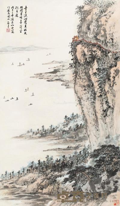  戊午（1978）年作 滇池胜景 立轴 设色纸本 83×48cm