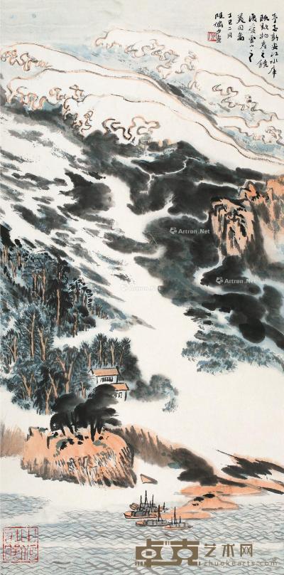  丁巳（1977）年作 新安春色 立轴 设色纸本 68×34cm
