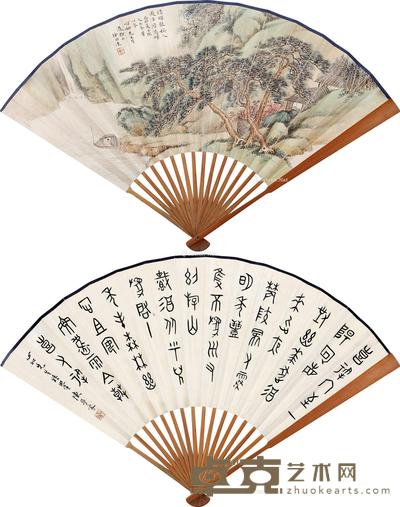 泛舟图 金文 成扇 设色纸本 --