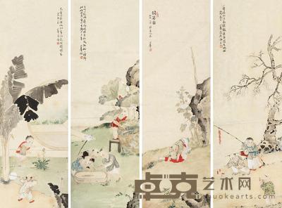  丙戌（1946）年作 婴戏 四屏 镜片 设色纸本 69×23cm×4