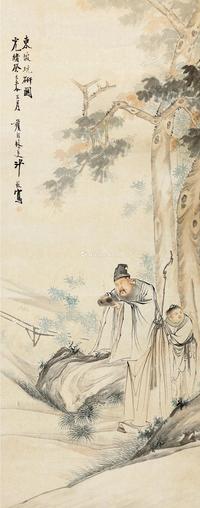  癸巳（1893）年作 东坡玩砚图 立轴 设色纸本