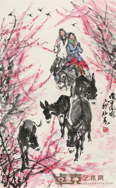 乙卯(1975)年作 春风赶驴图 立轴 设色纸本 84×52cm