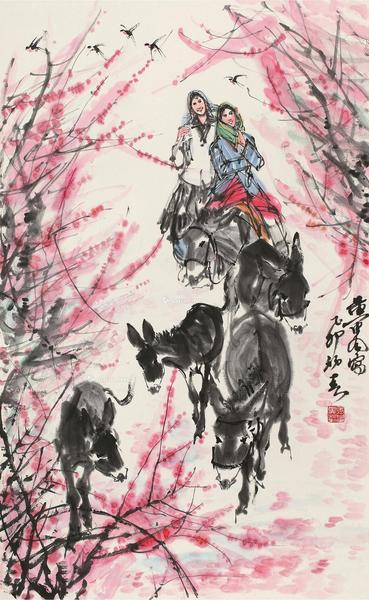  乙卯（1975）年作 春风赶驴图 立轴 设色纸本