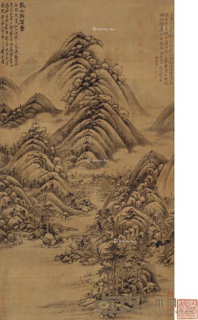  秋山林屋图 镜片 水墨绢本 109×59cm