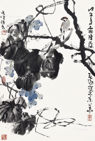  戊午（1978年）作  葡萄麻雀 托片 设色纸本