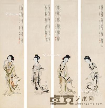  人物 四屏镜心 设色绢本 65×15cm×4