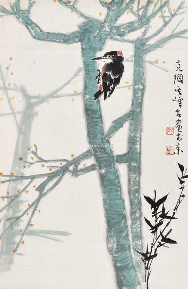  啄木鸟 软片 设色纸本