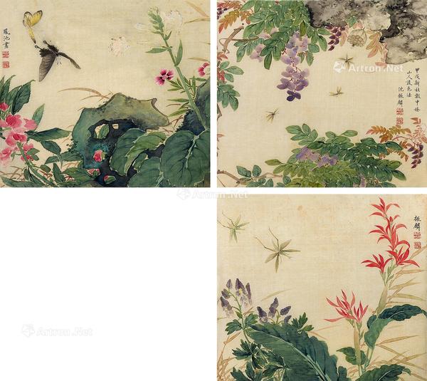  花鸟 （三帧） 镜心 设色绢本