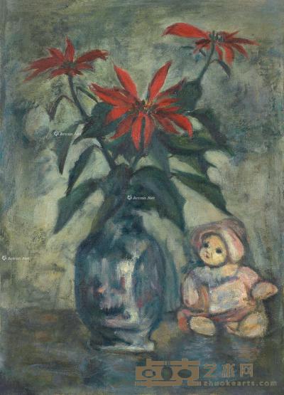  约1940年作 花卉与布娃娃 布面 油画 55×40㎝