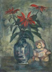  约1940年作 花卉与布娃娃 布面 油画