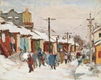  1948年作 冬日街景 木板 油画