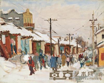  1948年作 冬日街景 木板 油画 40.5×50.5cm