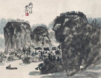  临水山村图 镜片 设色纸本