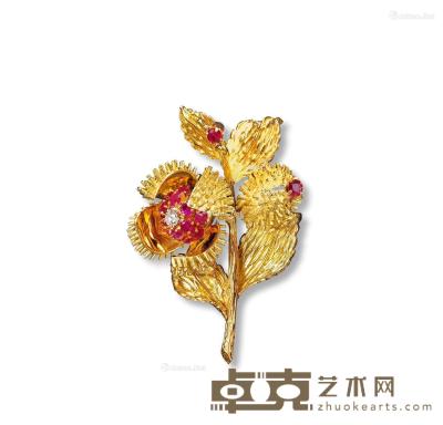  约90年代制 蒂芙尼（TIFFANY &amp; CO.）“双生花之红”金镶红宝石钻石花朵胸针 --