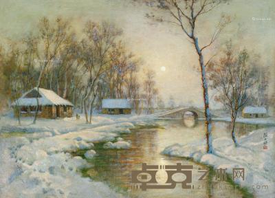  月夜雪景 纸板 油画 24×33cm